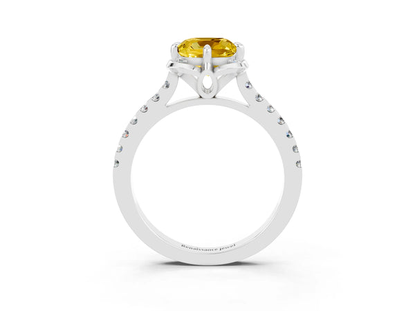 White gold Cushion Cut Yellow Sapphire Ring with Pavé Band and Floral Prong Setting