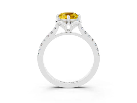 White gold Cushion Cut Yellow Sapphire Ring with Pavé Band and Floral Prong Setting_3