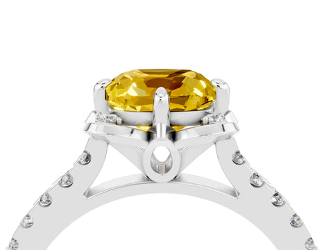 White gold Cushion Cut Yellow Sapphire Ring with Pavé Band and Floral Prong Setting_4
