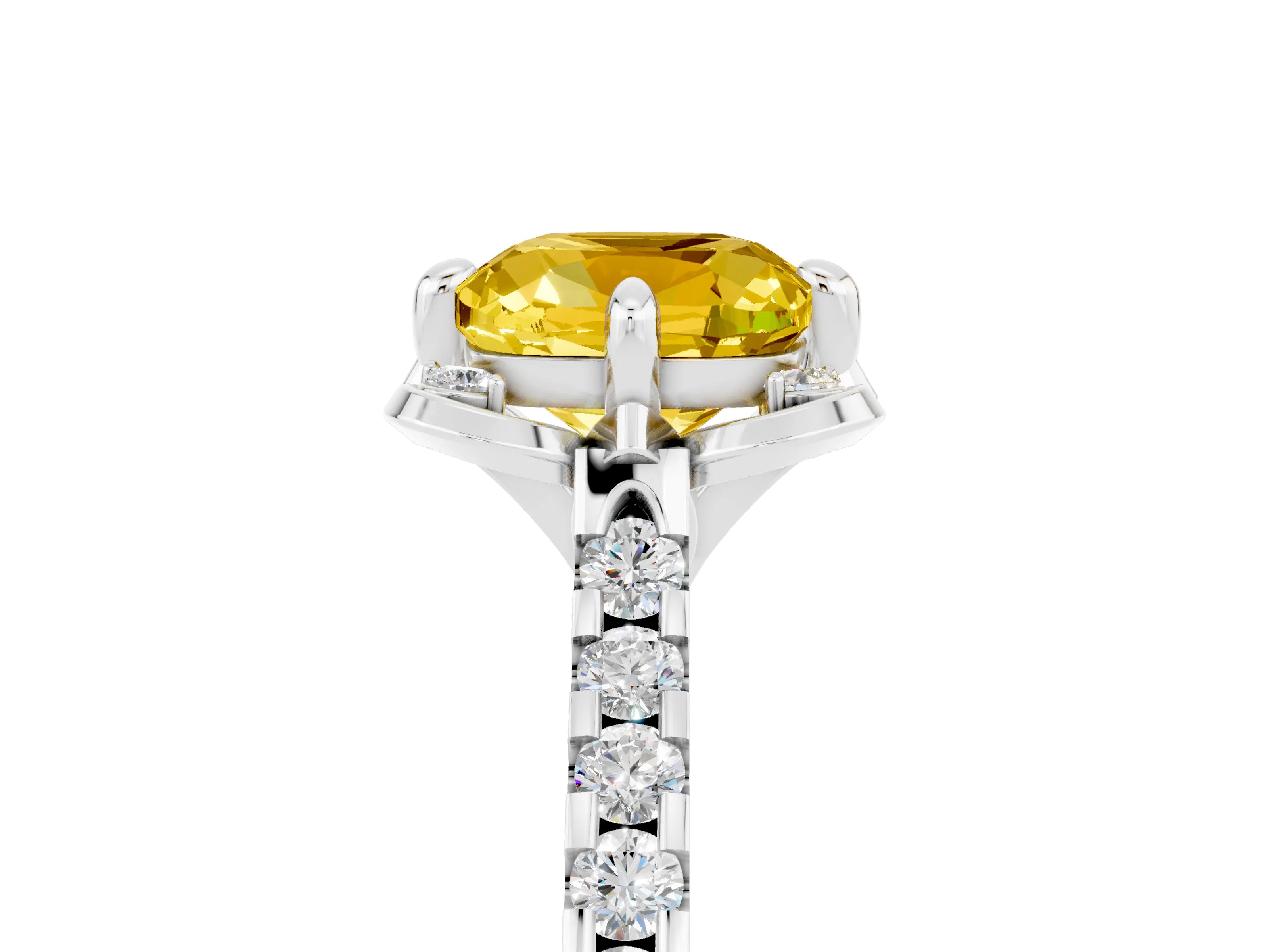 White gold Cushion Cut Yellow Sapphire Ring with Pavé Band and Floral Prong Setting_5