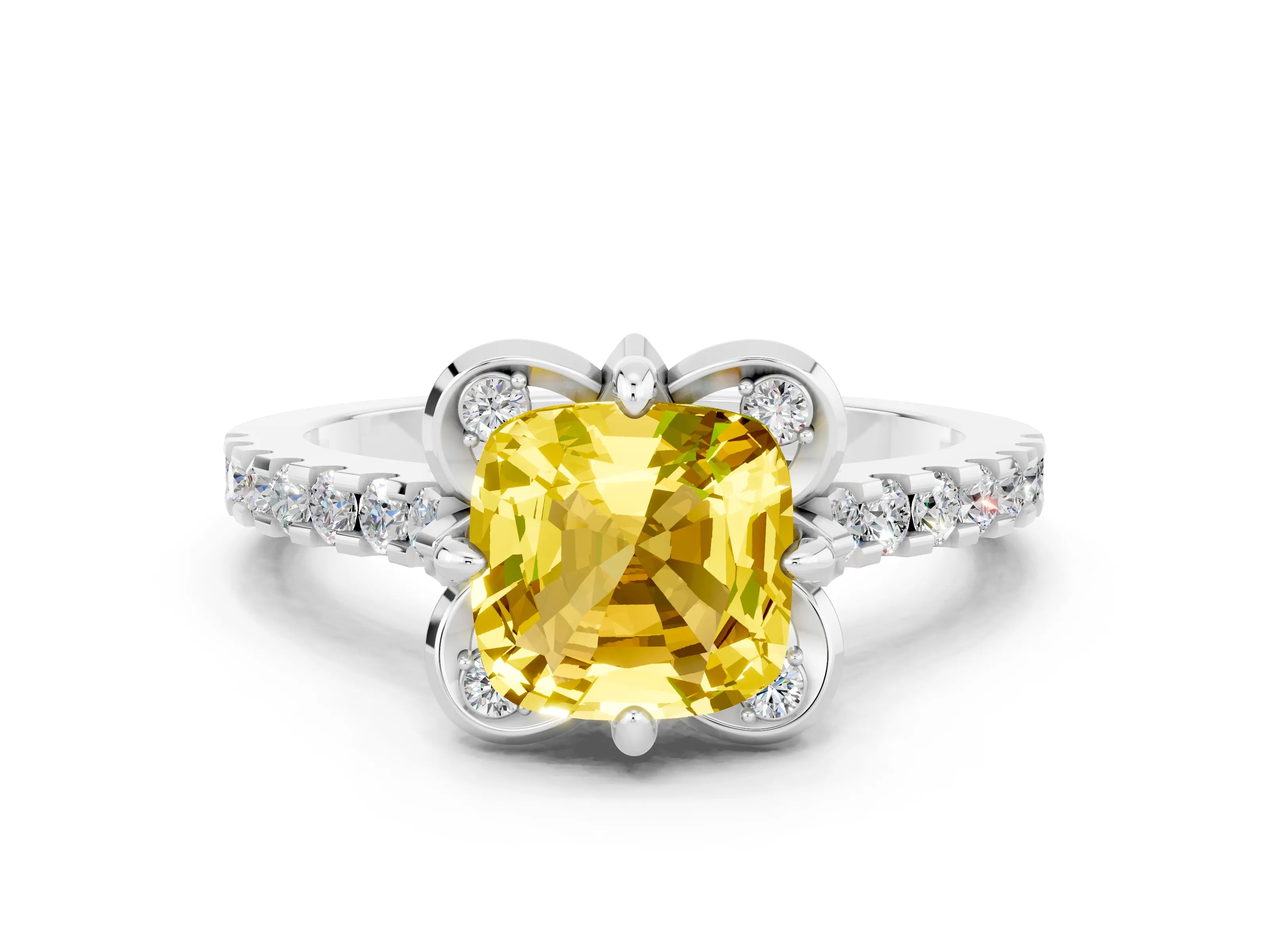 White gold Cushion Cut Yellow Sapphire Ring with Pavé Band and Floral Prong Setting