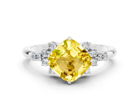 White gold Cushion Cut Yellow Sapphire Ring with Side Stones and Four-Prong Setting_60