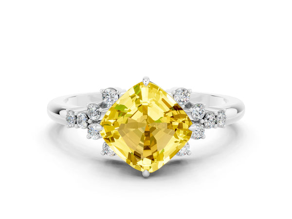 Silver Cushion Cut Yellow Sapphire Ring with Side Stones and Four-Prong Setting