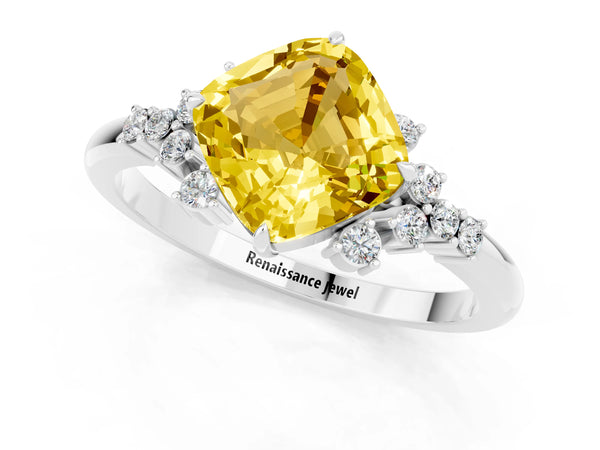 Platinum Cushion Cut Yellow Sapphire Ring with Side Stones and Four-Prong Setting