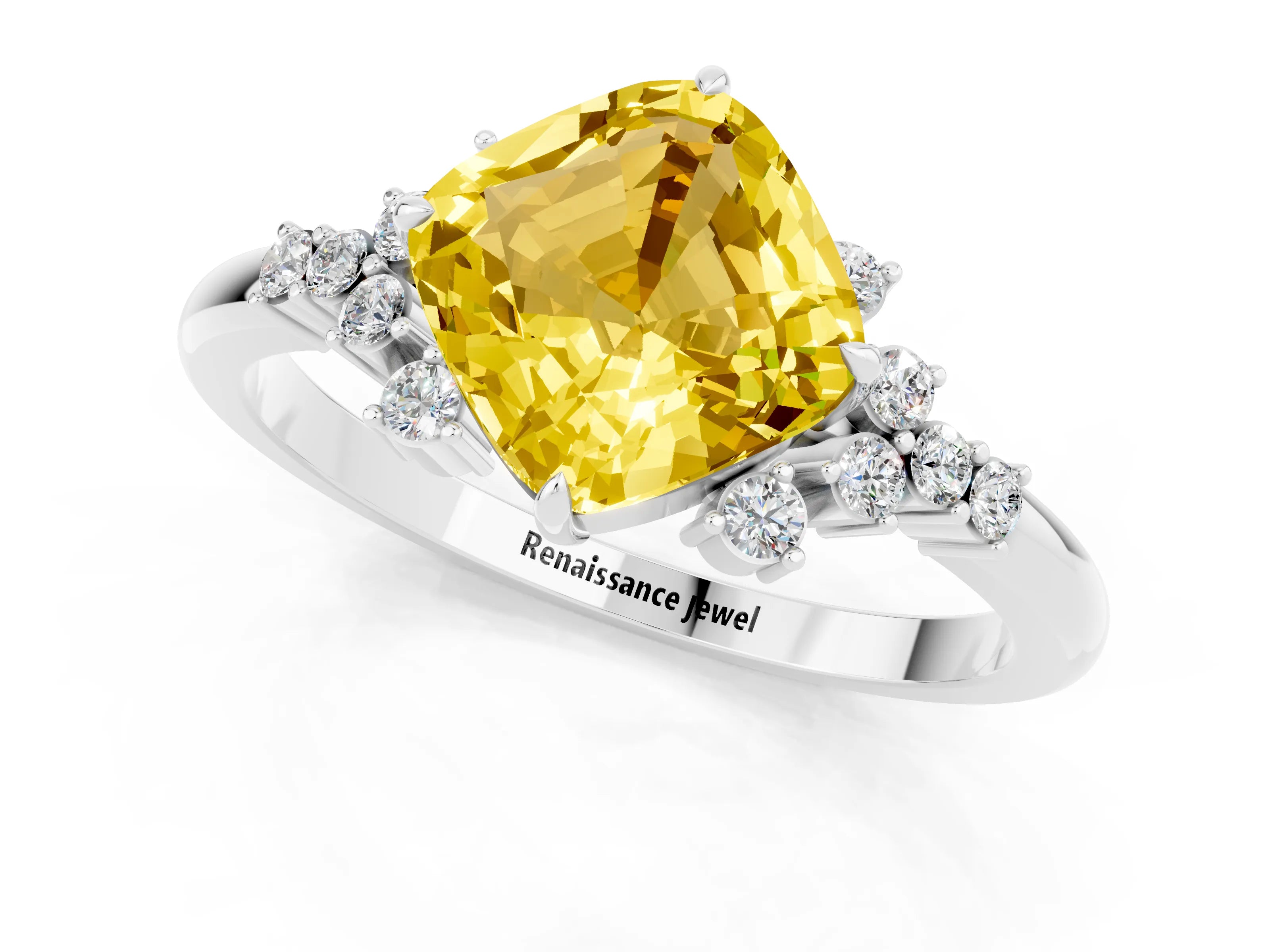 White gold Cushion Cut Yellow Sapphire Ring with Side Stones and Four-Prong Setting_61
