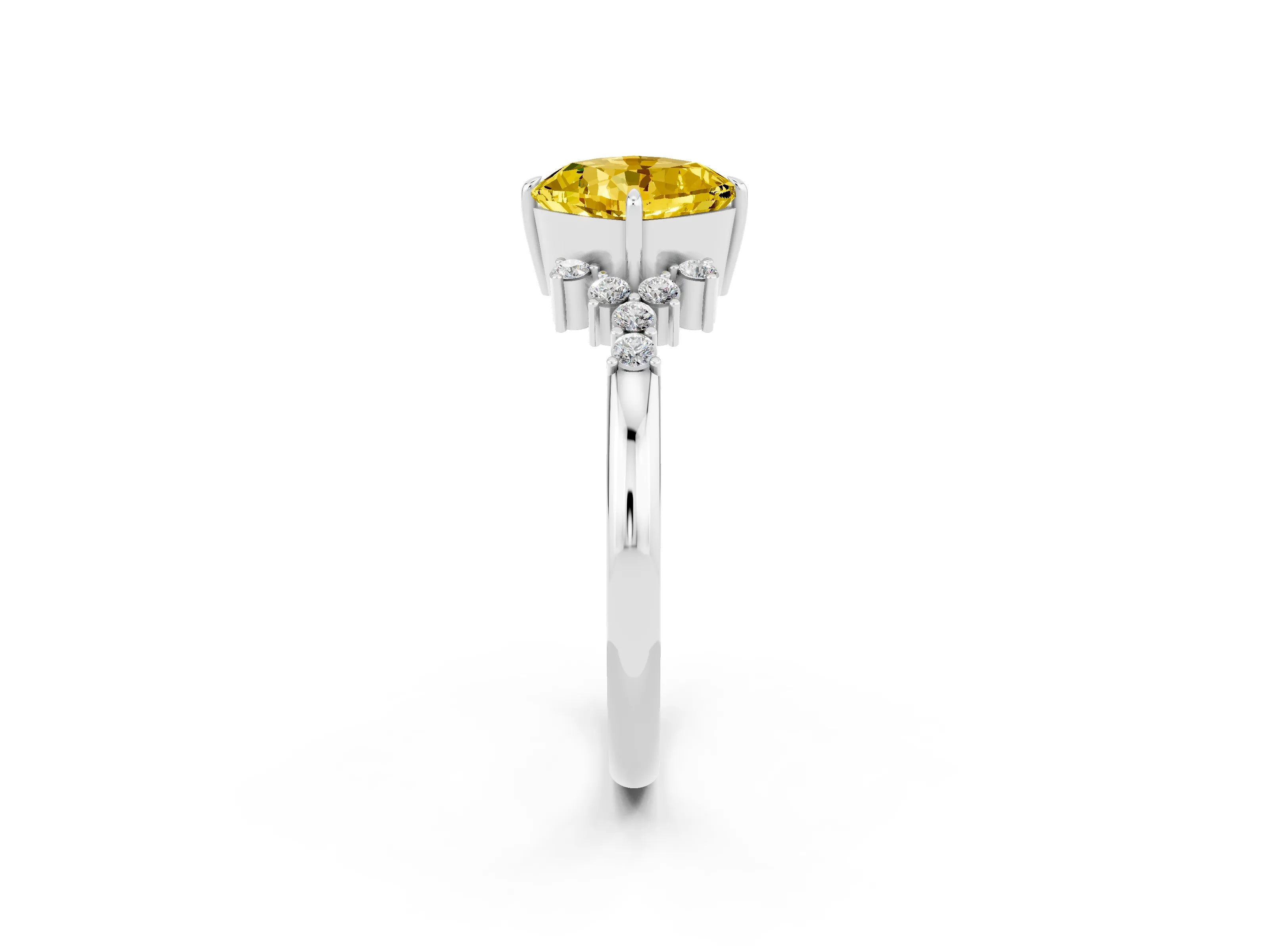 White gold Cushion Cut Yellow Sapphire Ring with Side Stones and Four-Prong Setting_62