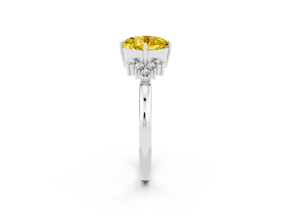 White gold Cushion Cut Yellow Sapphire Ring with Side Stones and Four-Prong Setting