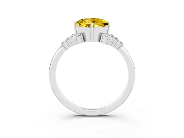Platinum Cushion Cut Yellow Sapphire Ring with Side Stones and Four-Prong Setting