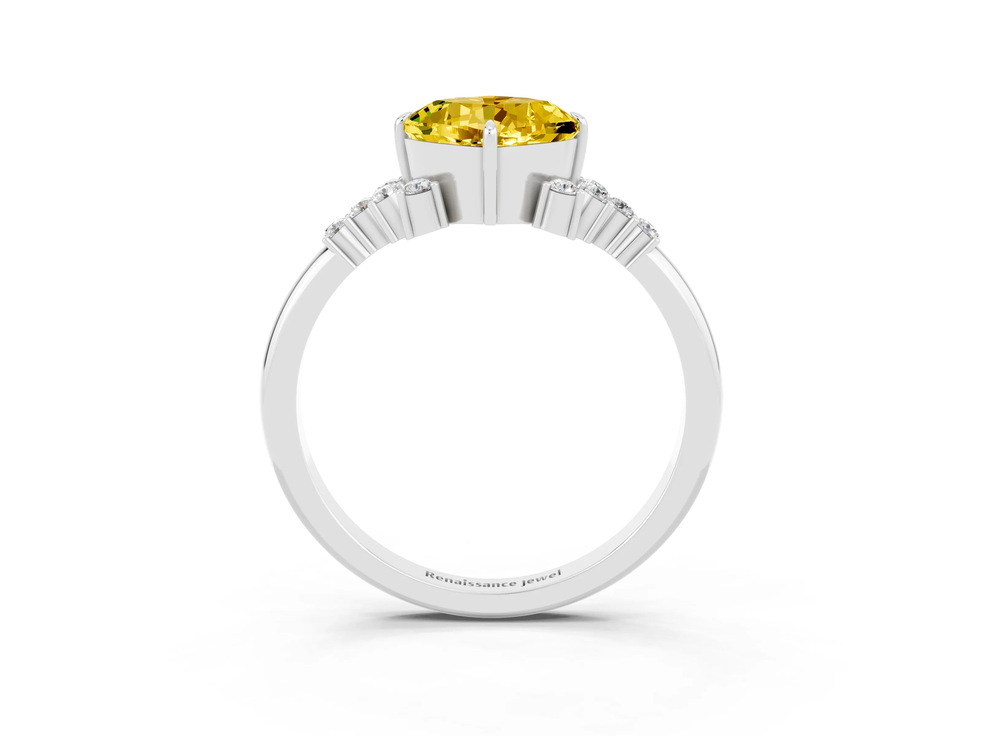 White gold Cushion Cut Yellow Sapphire Ring with Side Stones and Four-Prong Setting_63