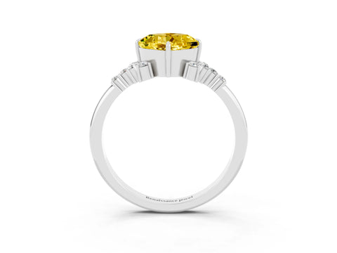 White gold Cushion Cut Yellow Sapphire Ring with Side Stones and Four-Prong Setting_63