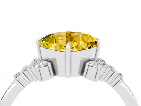 White gold Cushion Cut Yellow Sapphire Ring with Side Stones and Four-Prong Setting_64