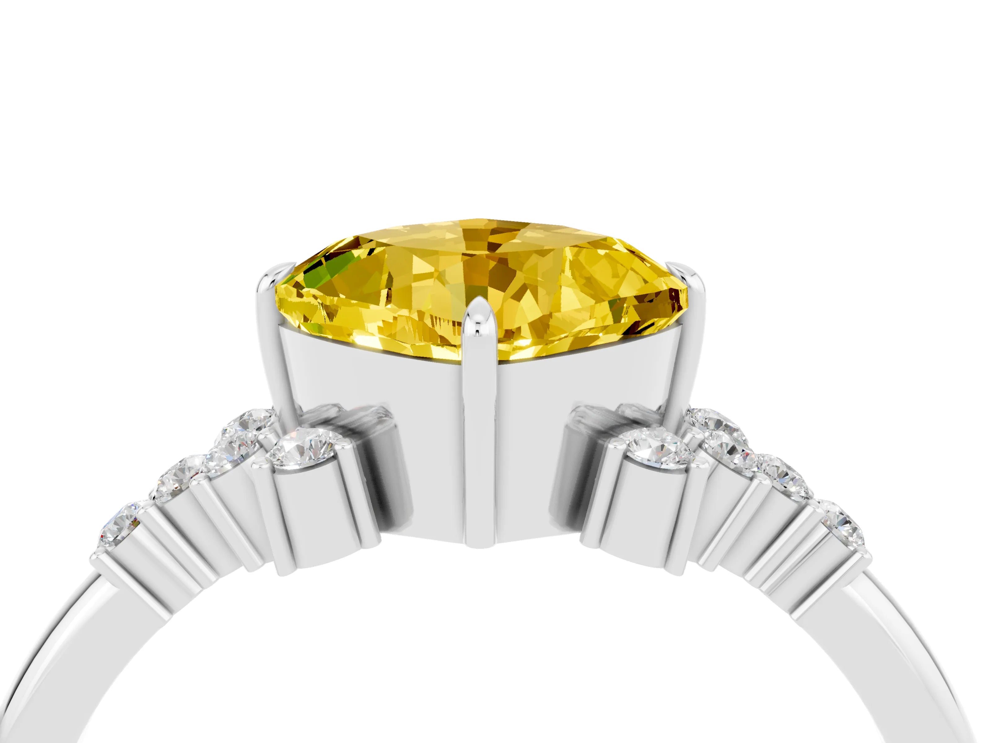 White gold Cushion Cut Yellow Sapphire Ring with Side Stones and Four-Prong Setting_64
