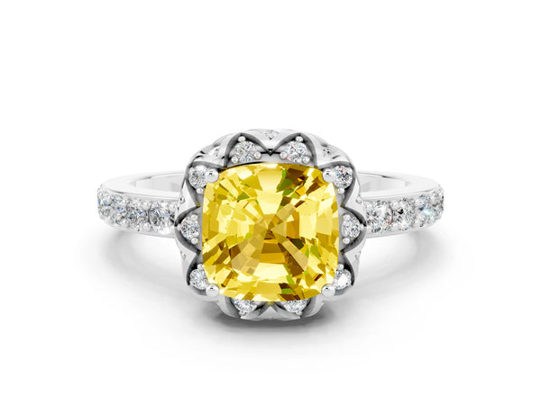 Platinum Cushion Cut Yellow Sapphire Scalloped Halo Engagement Ring with Round Shared Prong Band