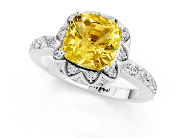 White gold Cushion Cut Yellow Sapphire Scalloped Halo Engagement Ring with Round Shared Prong Band