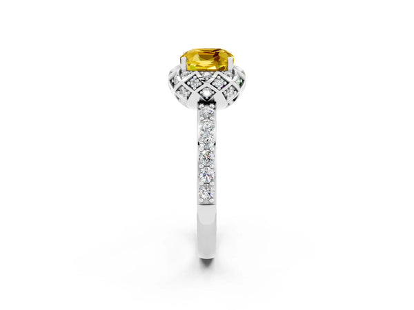 Silver Cushion Cut Yellow Sapphire Scalloped Halo Engagement Ring with Round Shared Prong Band