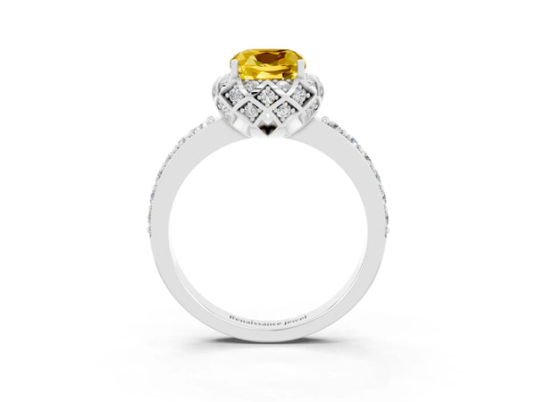 Platinum Cushion Cut Yellow Sapphire Scalloped Halo Engagement Ring with Round Shared Prong Band