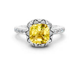 White gold Cushion Cut Yellow Sapphire Scalloped Halo Engagement Ring with Round Shared Prong Band_48