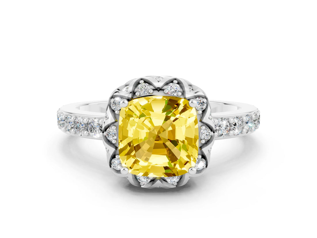 White gold Cushion Cut Yellow Sapphire Scalloped Halo Engagement Ring with Round Shared Prong Band_48