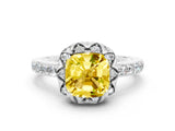 White gold Cushion Cut Yellow Sapphire Scalloped Halo Engagement Ring with Round Shared Prong Band_48