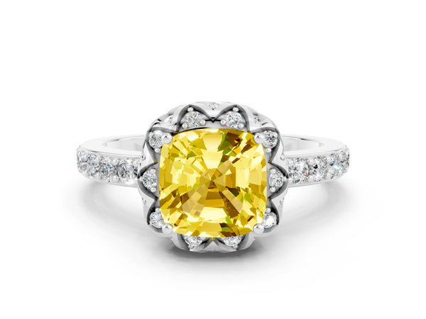 White gold Cushion Cut Yellow Sapphire Scalloped Halo Engagement Ring with Round Shared Prong Band