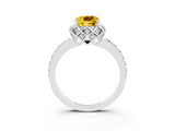 White gold Cushion Cut Yellow Sapphire Scalloped Halo Engagement Ring with Round Shared Prong Band_51