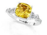 White gold Cushion Cut Yellow Sapphire Scattered Round Accent Ring with Prong Setting_37
