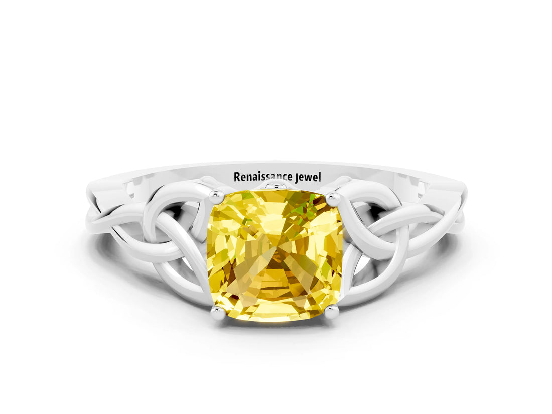 White gold Cushion Cut Yellow Sapphire Solitaire Celtic Knot Ring with Four-Prong Setting_24