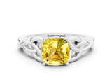 White gold Cushion Cut Yellow Sapphire Solitaire Celtic Knot Ring with Four-Prong Setting_24