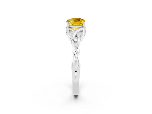 White gold Cushion Cut Yellow Sapphire Solitaire Celtic Knot Ring with Four-Prong Setting