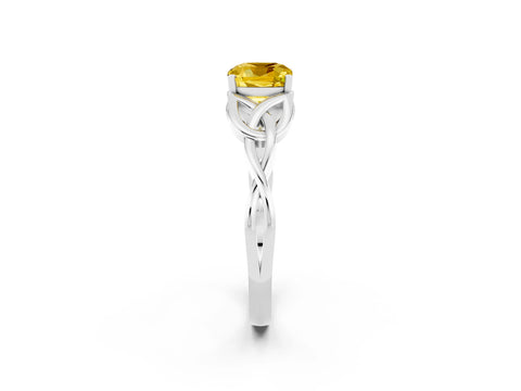 White gold Cushion Cut Yellow Sapphire Solitaire Celtic Knot Ring with Four-Prong Setting_26