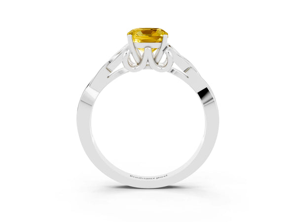 White gold Cushion Cut Yellow Sapphire Solitaire Celtic Knot Ring with Four-Prong Setting