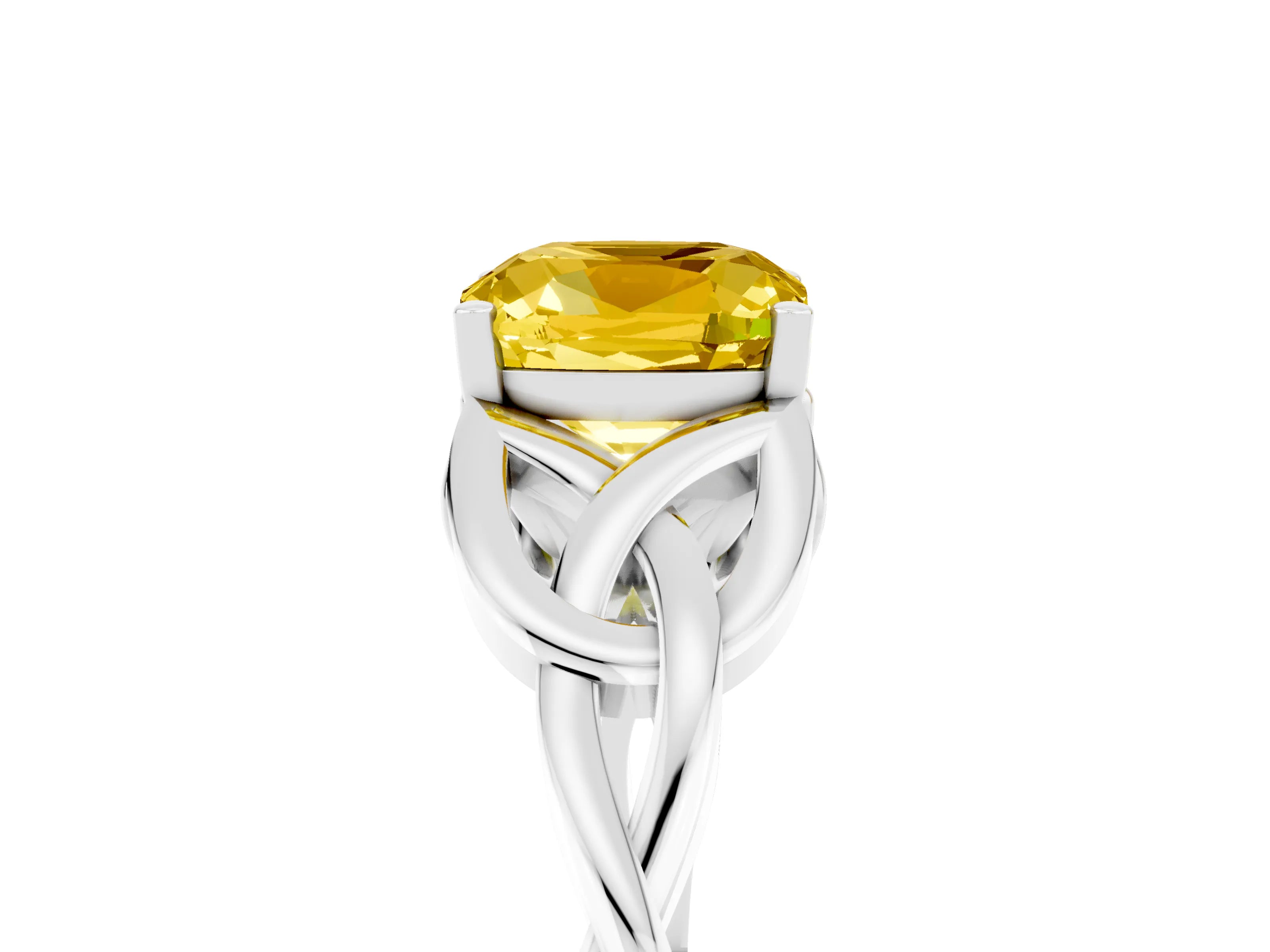 White gold Cushion Cut Yellow Sapphire Solitaire Celtic Knot Ring with Four-Prong Setting_29