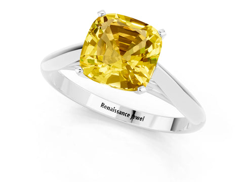 White gold Cushion Cut Yellow Sapphire Solitaire Engagement Ring with Cathedral Setting and Four-Prong Mount_13