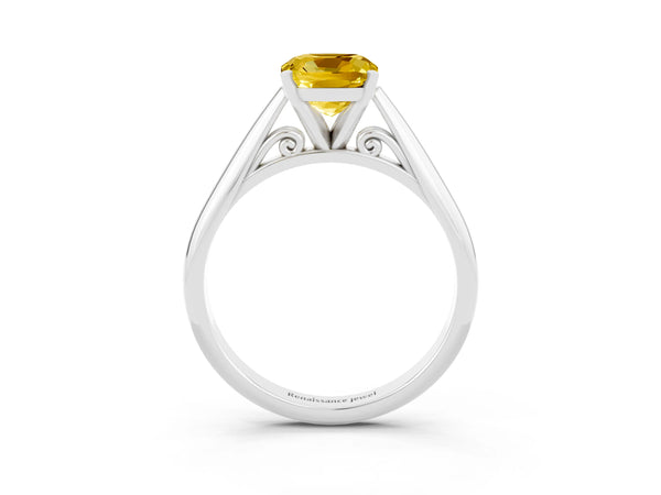 Platinum Cushion Cut Yellow Sapphire Solitaire Engagement Ring with Cathedral Setting and Four-Prong Mount
