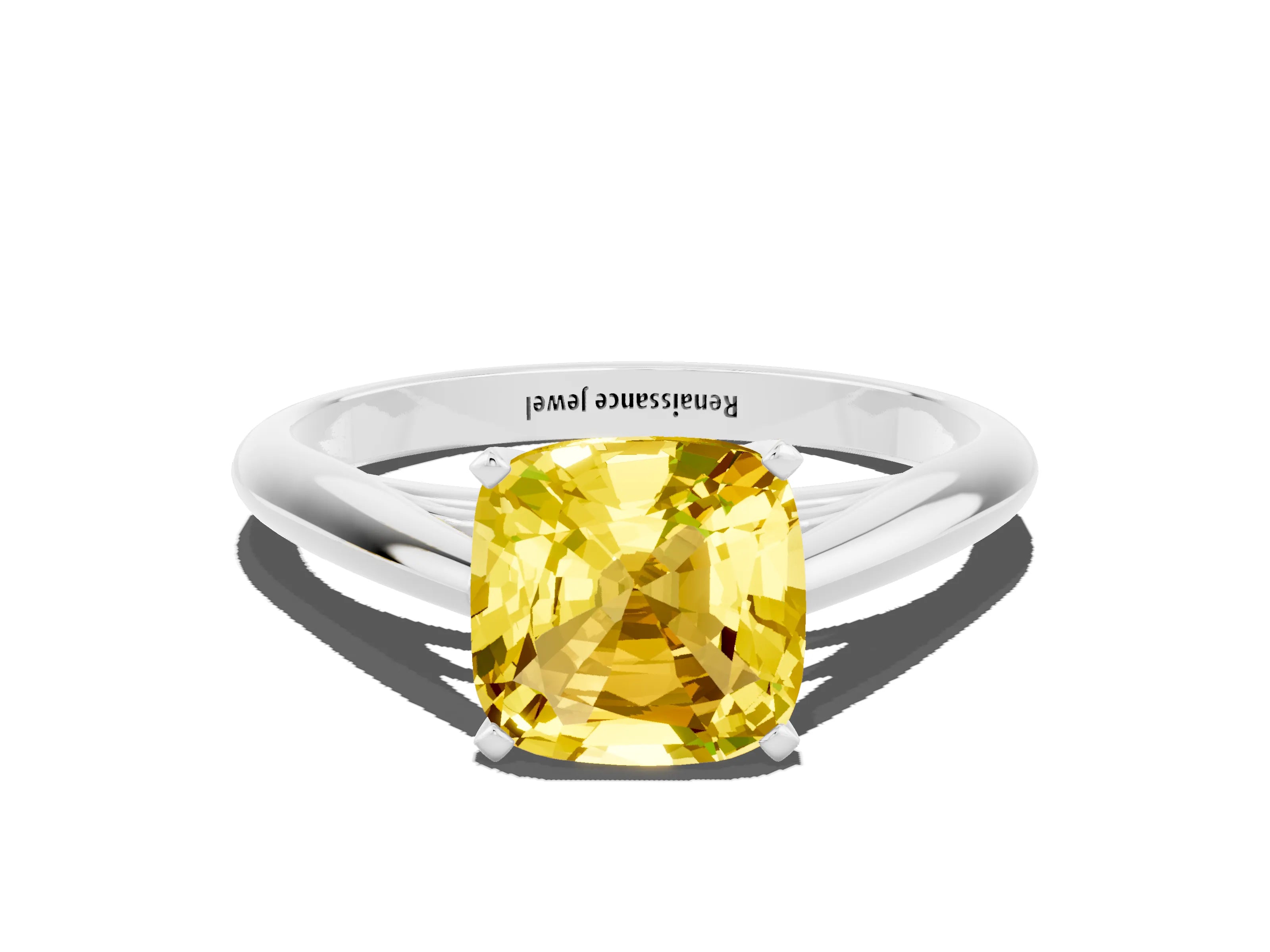 White gold Cushion Cut Yellow Sapphire Solitaire Engagement Ring with Cathedral Setting and Four-Prong Mount_24