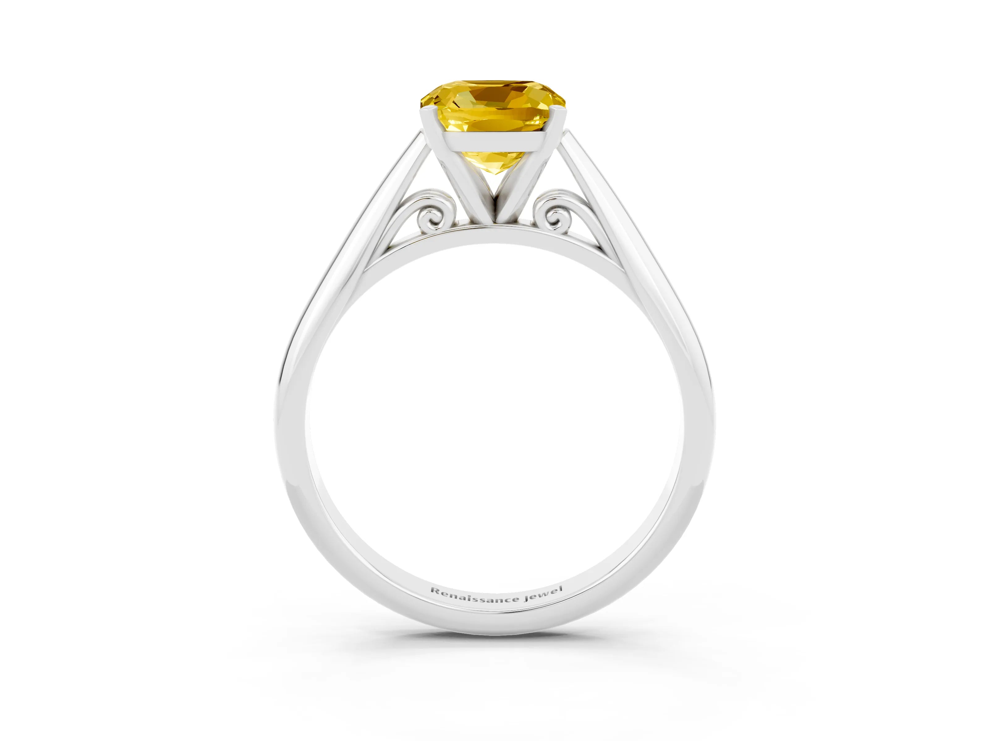 White gold Cushion Cut Yellow Sapphire Solitaire Engagement Ring with Cathedral Setting and Four-Prong Mount_27