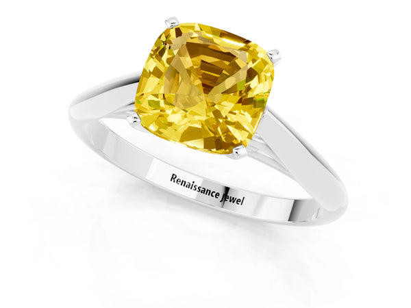White gold Cushion Cut Yellow Sapphire Solitaire Engagement Ring with Cathedral Setting and Four-Prong Mount