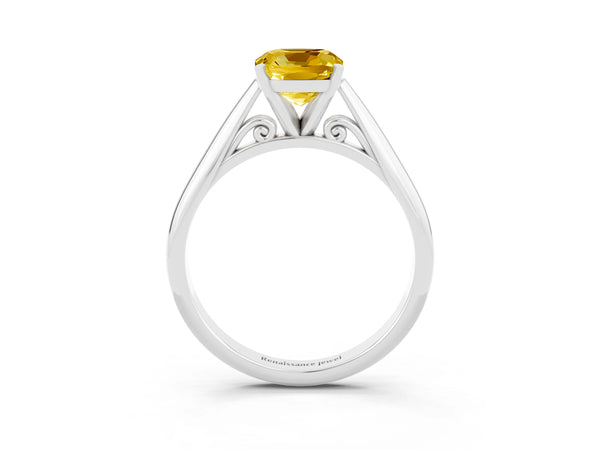 White gold Cushion Cut Yellow Sapphire Solitaire Engagement Ring with Cathedral Setting and Four-Prong Mount