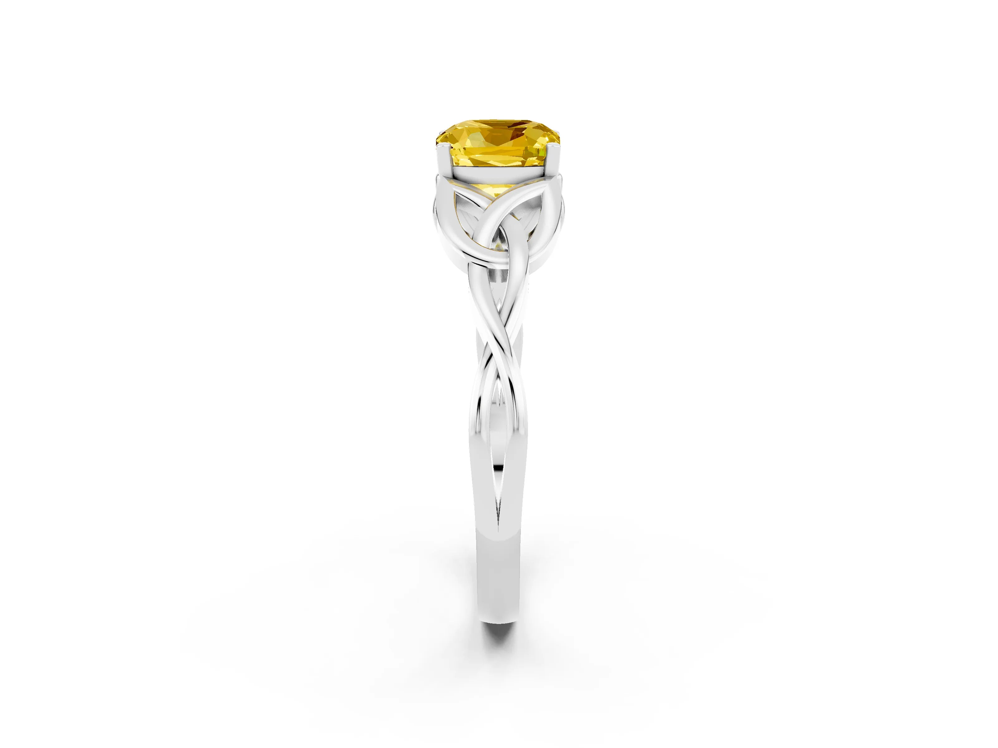 White gold Cushion Cut Yellow Sapphire Solitaire Engagement Ring with Celtic Knot Band and Four-Prong Setting_26