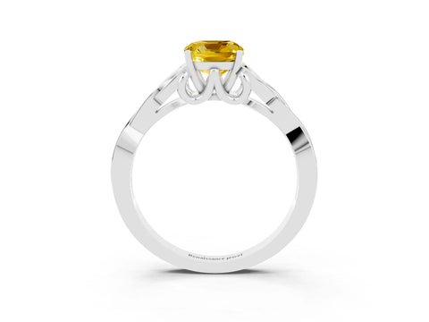 White gold Cushion Cut Yellow Sapphire Solitaire Engagement Ring with Celtic Knot Band and Four-Prong Setting_27