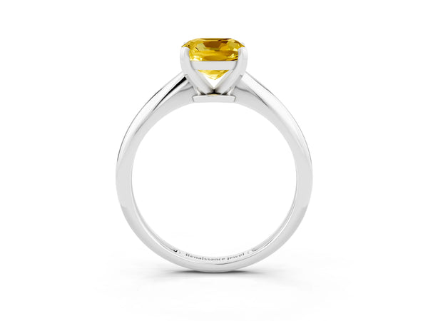 White gold Cushion Cut Yellow Sapphire Solitaire Engagement Ring with Classic Band and Four-Prong Setting