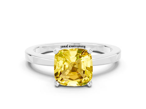 White gold Cushion Cut Yellow Sapphire Solitaire Engagement Ring with Classic Band and Four-Prong Setting_60
