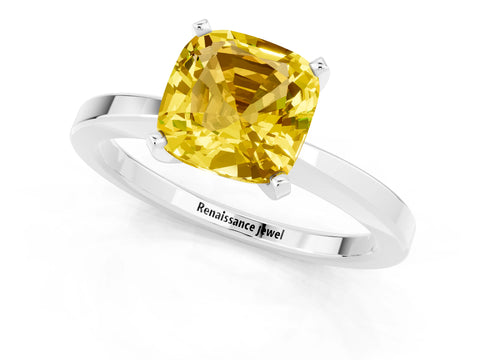 White gold Cushion Cut Yellow Sapphire Solitaire Engagement Ring with Classic Band and Four-Prong Setting_61