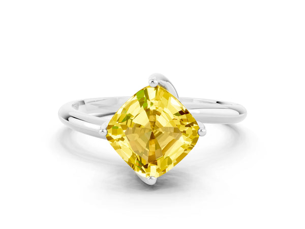 Platinum Cushion Cut Yellow Sapphire Solitaire Engagement Ring with Four-Prong Setting and Classic Band