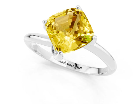 White gold Cushion Cut Yellow Sapphire Solitaire Engagement Ring with Four-Prong Setting and Classic Band_13