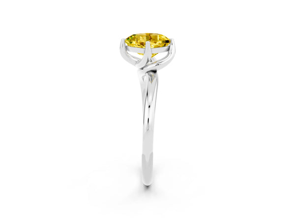 Silver Cushion Cut Yellow Sapphire Solitaire Engagement Ring with Four-Prong Setting and Classic Band