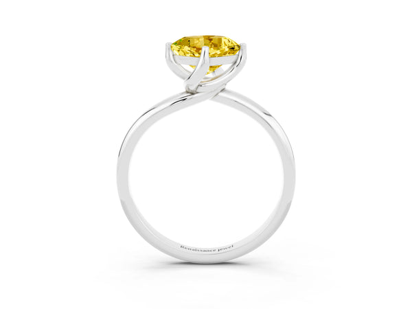 White gold Cushion Cut Yellow Sapphire Solitaire Engagement Ring with Four-Prong Setting and Classic Band