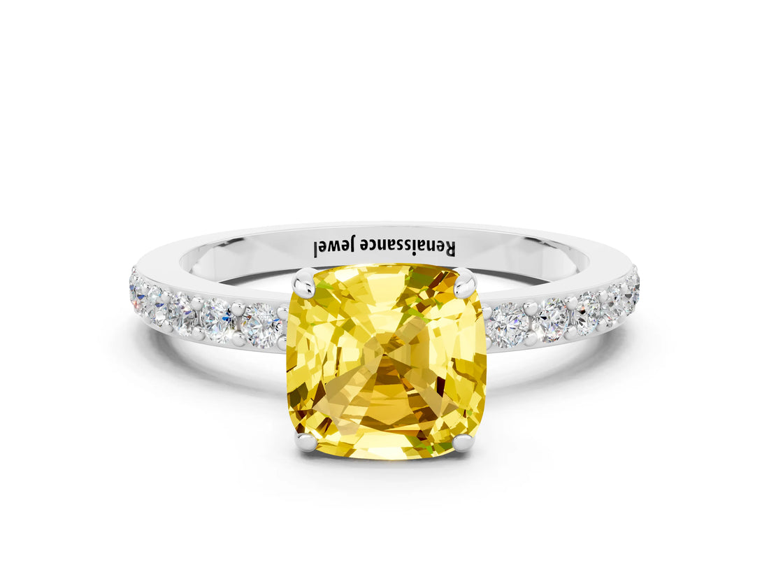 White gold Cushion Cut Yellow Sapphire Solitaire Engagement Ring with Pavé Band and Four-Prong Setting_30