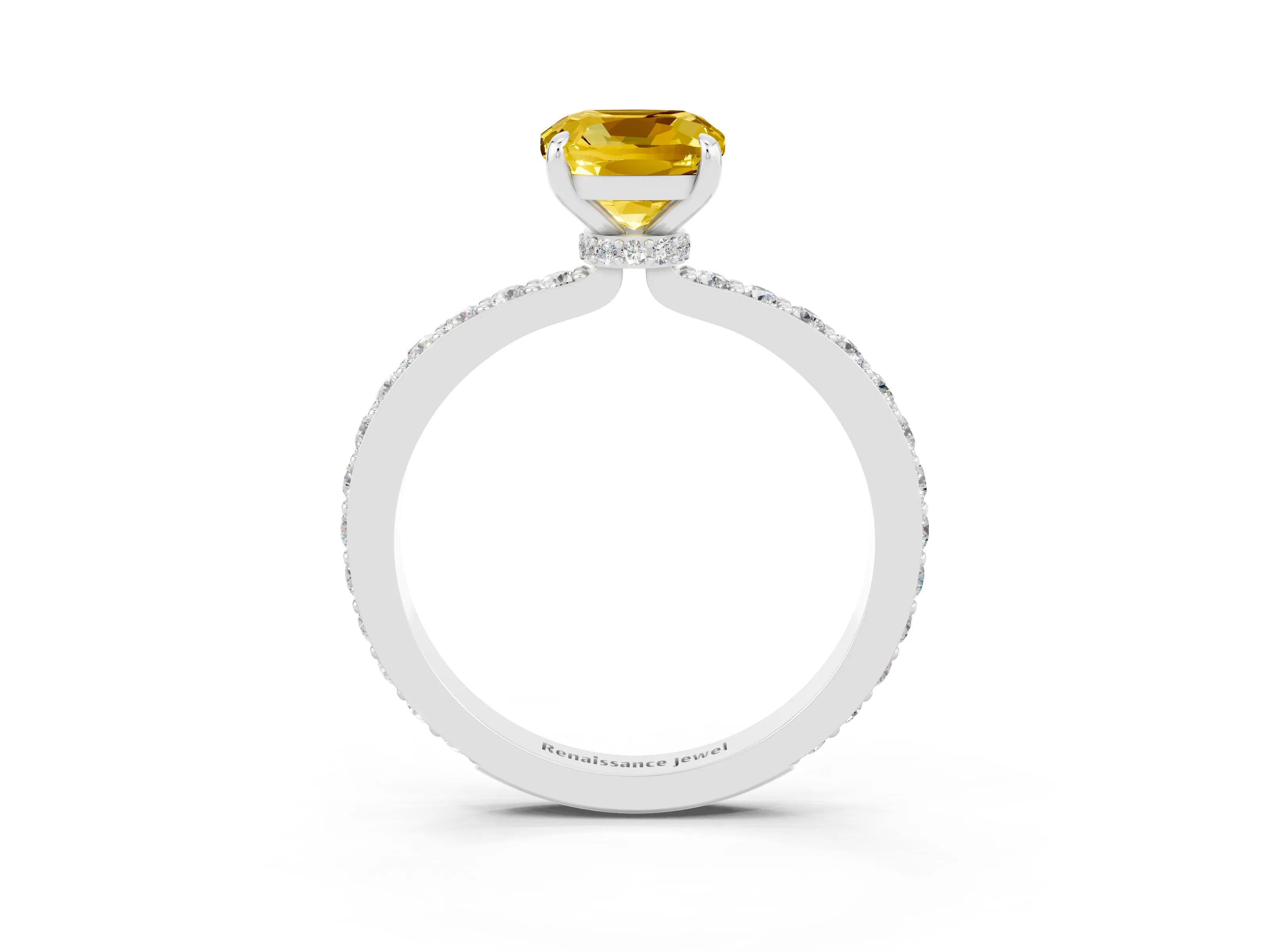 White gold Cushion Cut Yellow Sapphire Solitaire Engagement Ring with Pavé Band and Four-Prong Setting_33