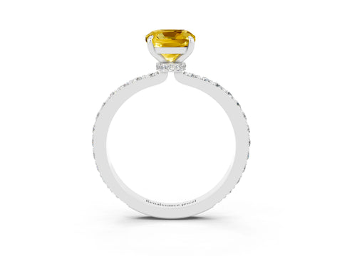 White gold Cushion Cut Yellow Sapphire Solitaire Engagement Ring with Pavé Band and Four-Prong Setting_39